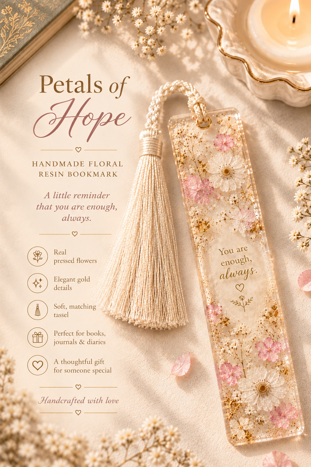 Petals of Hope Handmade Floral Resin Bookmark